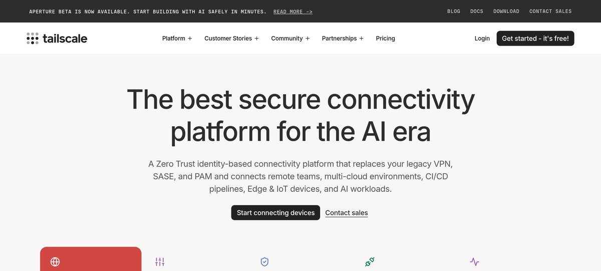Page d'accueil tailscale.com avec le bouton Get started