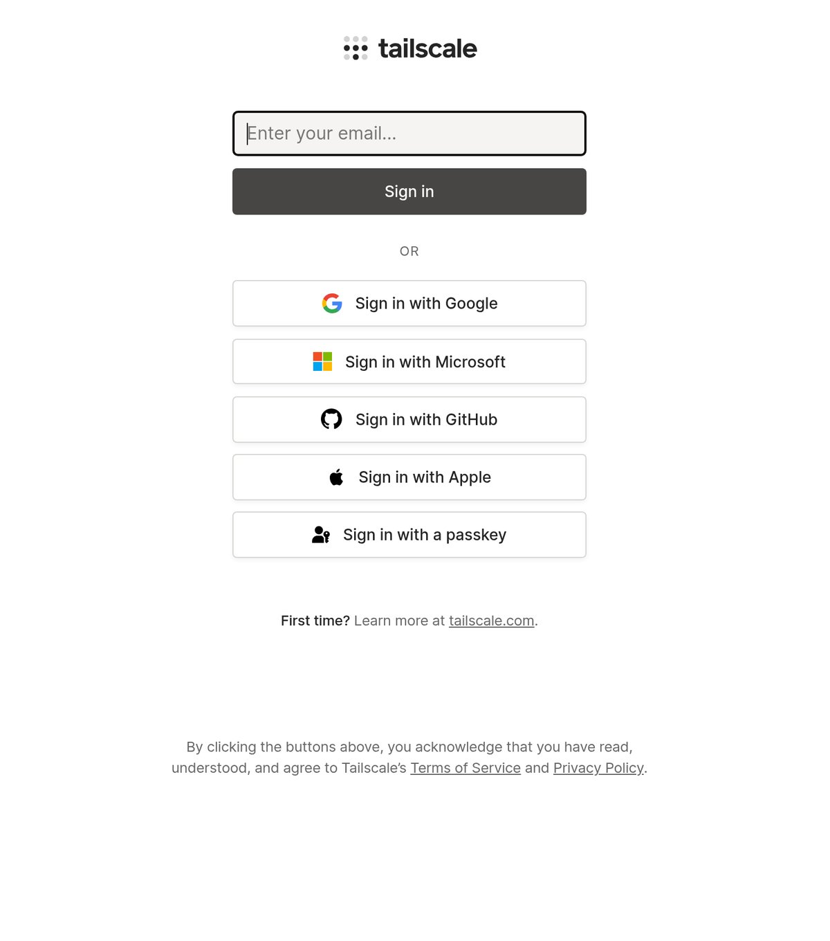 Page de connexion Tailscale avec les options Google, Microsoft, GitHub, Apple et passkey