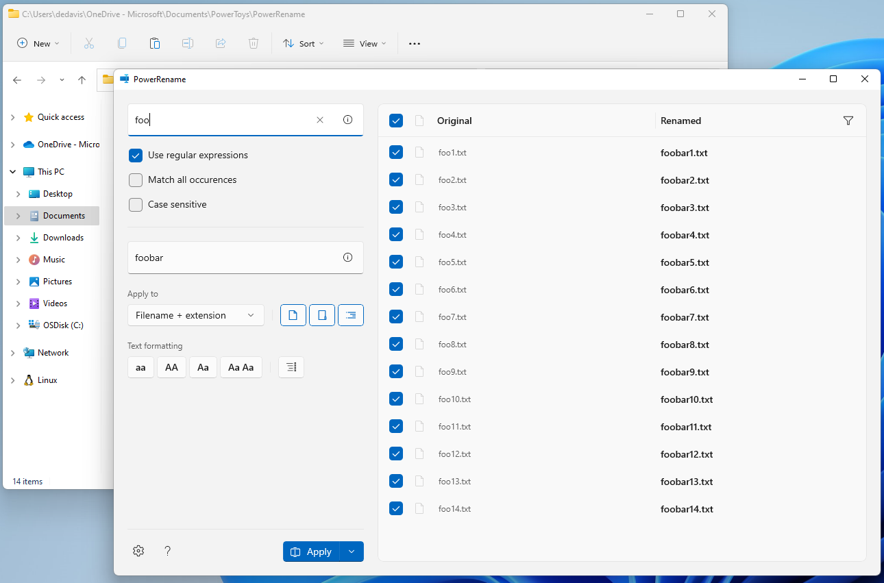 PowerToys PowerRename — interface de renommage massif avec regex