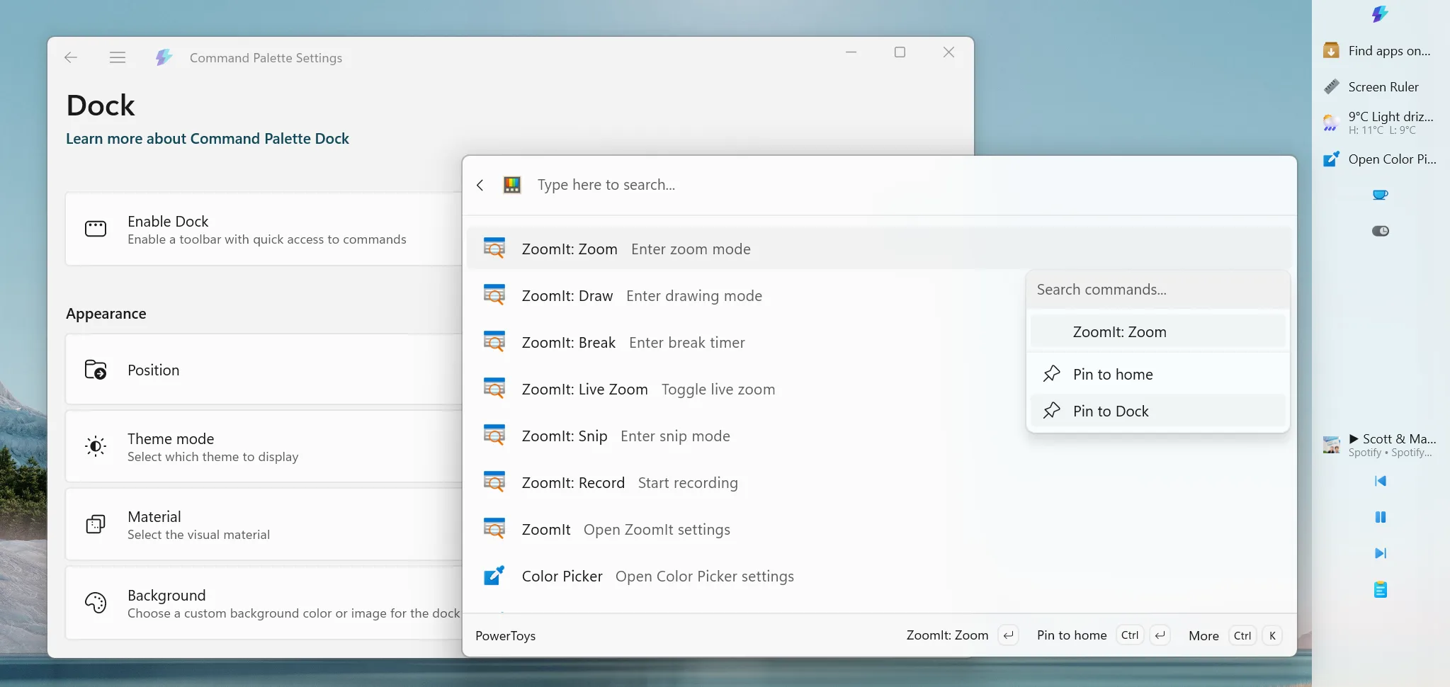 PowerToys 0.98 Command Palette Dock Settings
