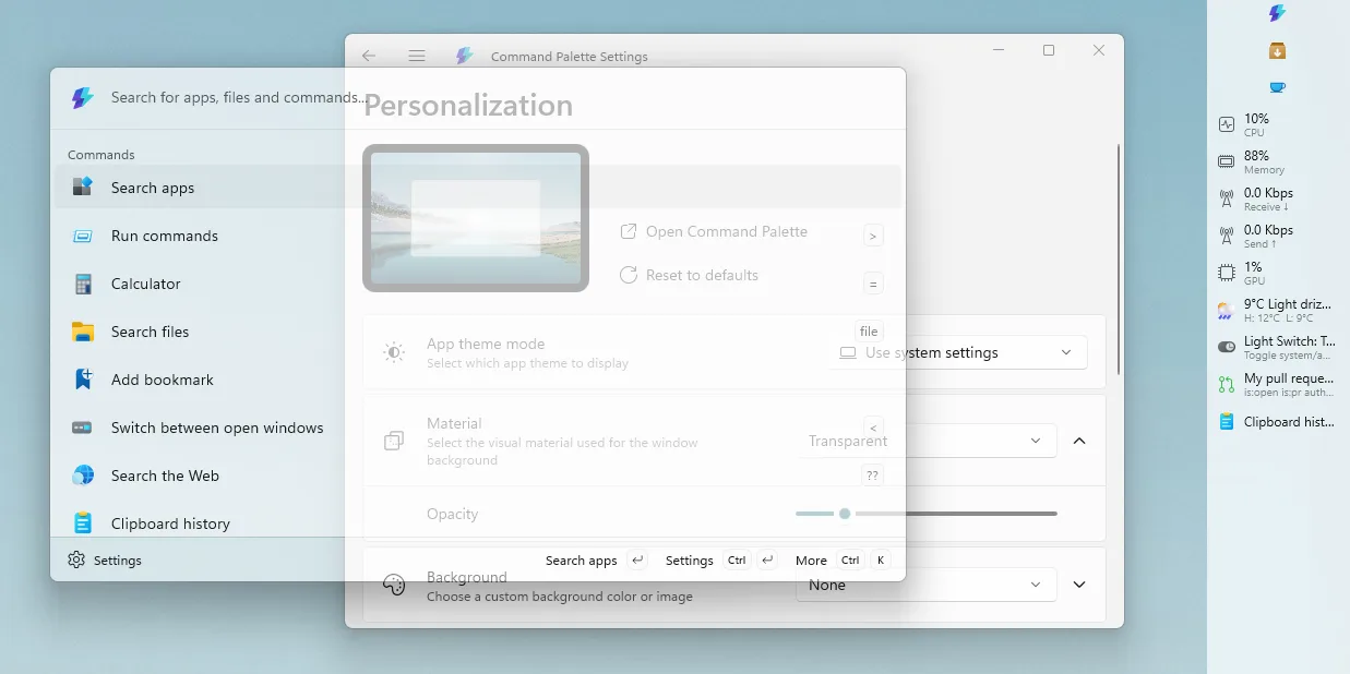PowerToys 0.98 Command Palette transparence activée