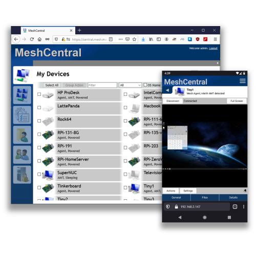 Liste des périphériques MeshCentral affichant les stations de travail gérées par Intel AMT avec l'agent et l'état de l'alimentation