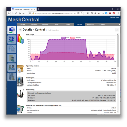 Détails du périphérique Intel AMT de MeshCentral indiquant l'état de provisionnement, la version AMT et les informations matérielles