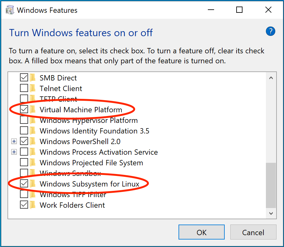 La boîte de dialogue des fonctionnalités Windows affiche l'activation de WSL2 et de la plateforme de machine virtuelle.